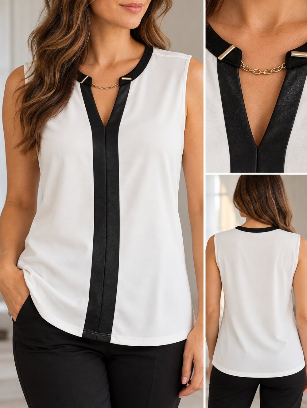 Calvin Klein White Top Size M w/ Black Trim & Gold Chain